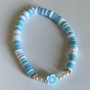 Blue and White Beaded Bracelet with Flower Charm